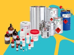 An assortment of chemical containers and drums, including various sizes of glass and plastic bottles, metal cans, and hazardous material drums, all displayed against a bright yellow background.