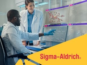 Sigma‑Aldrich banner on a yellow background featuring two scientists in a lab reviewing a large screen with chemical structures